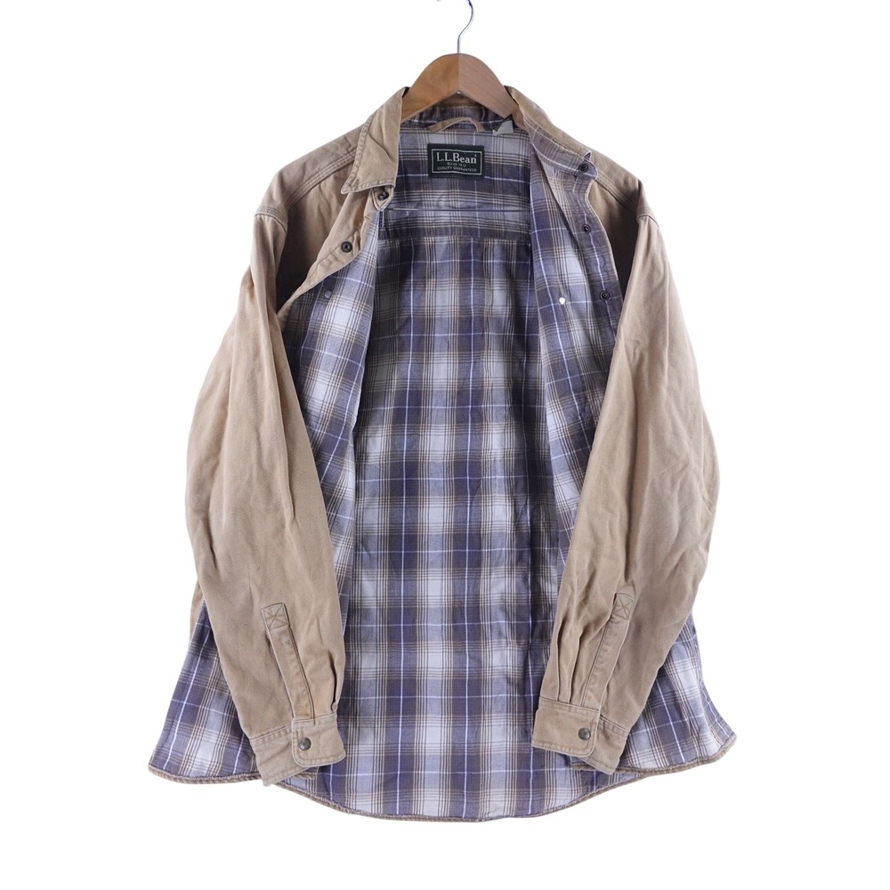 LL Bean Mens Large Flannel Lined Canvas Field Shirt Tan Plaid Snap‎ Front - Picture 2 of 10